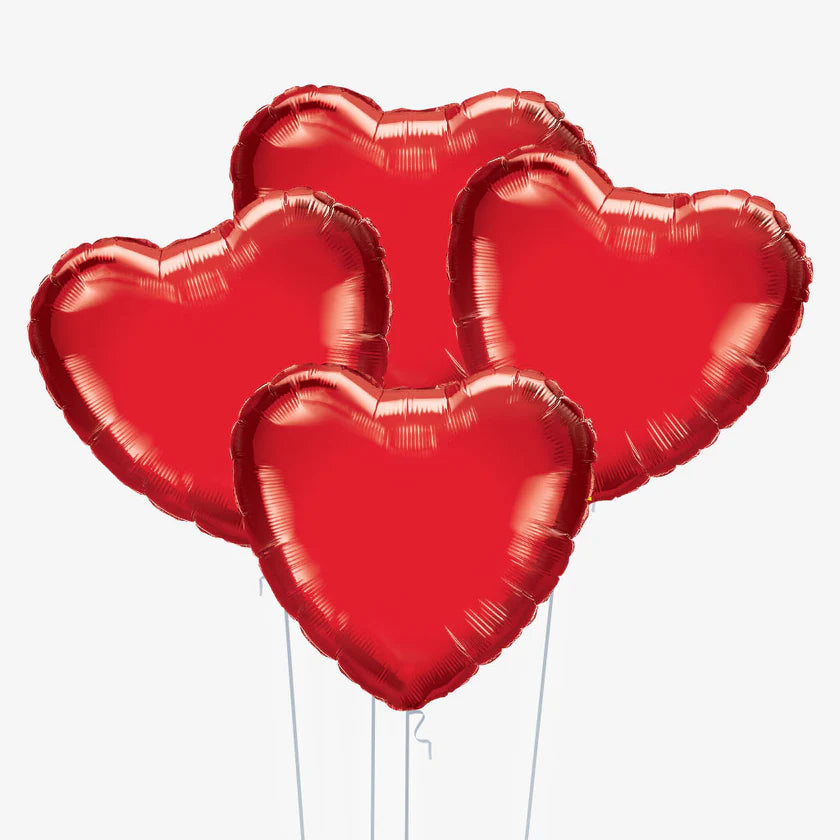Set of 4 Red Foil Heart Balloons (Helium-Filled)